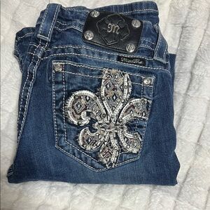 Miss Me Women's Dark Blue Boot Cut Jeans with Fleur-de-Lis Embellishment